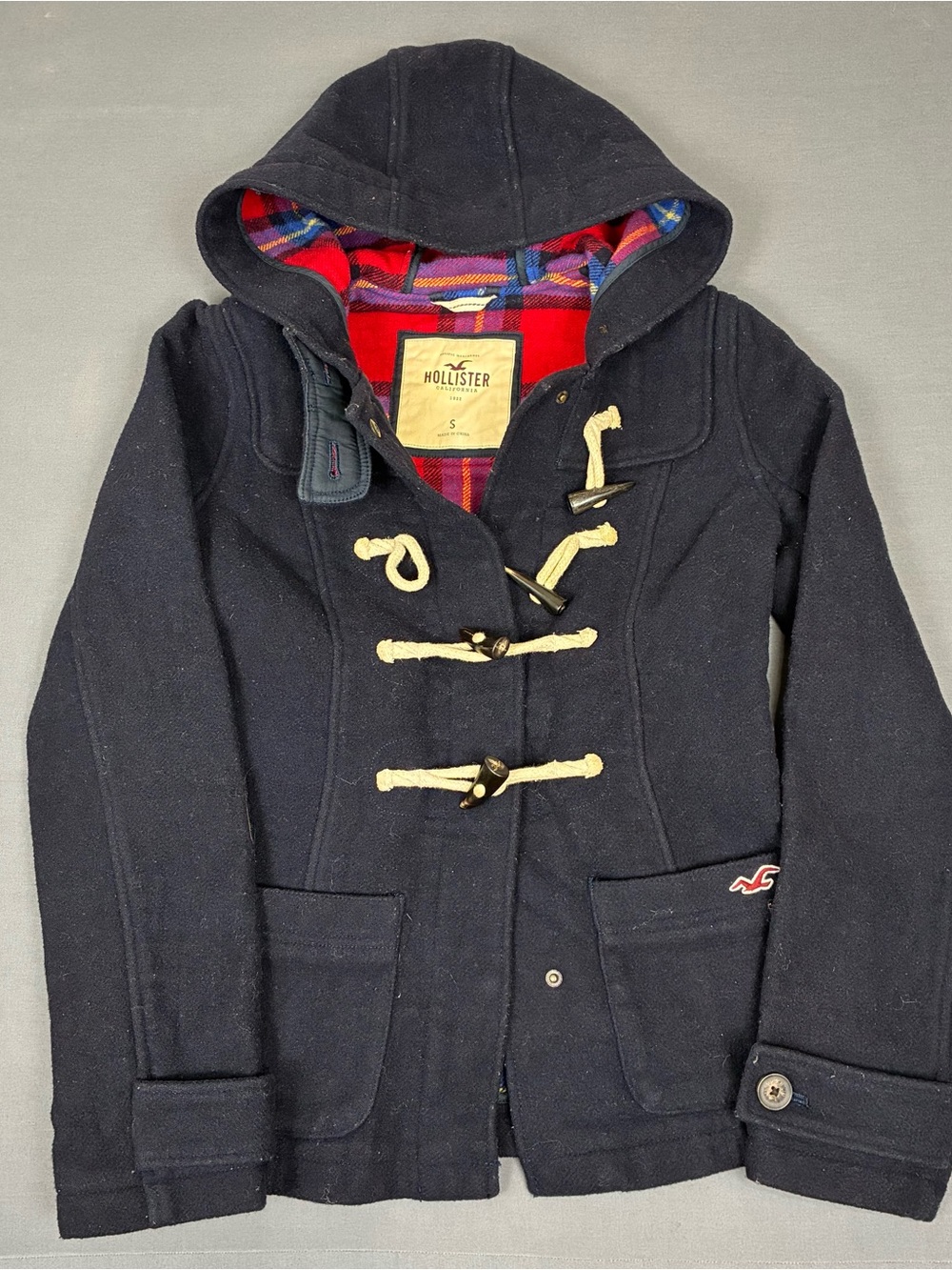 Y2K Hollister Plaid Lined Toggle Coat Women’s Size XS Navy Blue